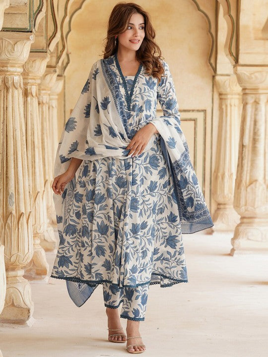 Floral Printed Anarkali Pure Cotton Kurta with Trousers & Dupatta