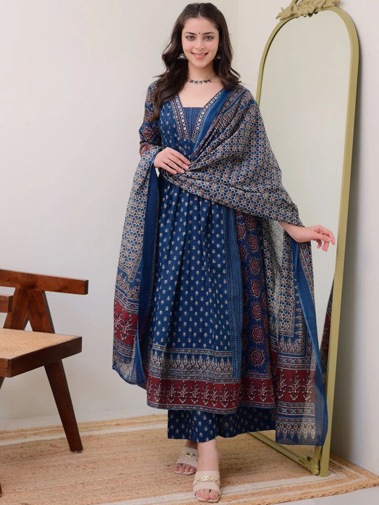 Floral Printed V Neck Anarkali Kurta With Trousers & Dupatta