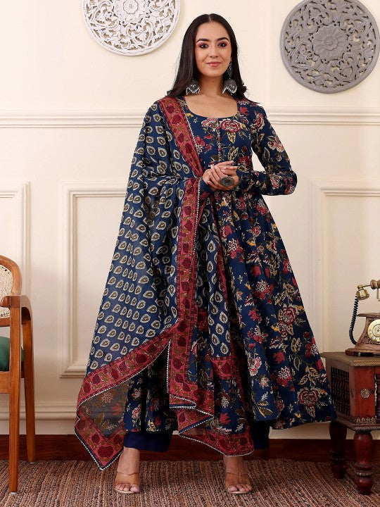 Floral Printed Anarkali Kurta With Trousers And Dupatta