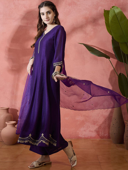 Floral Embroidered V-Neck A-Line Kurta With Trousers & Dupatta