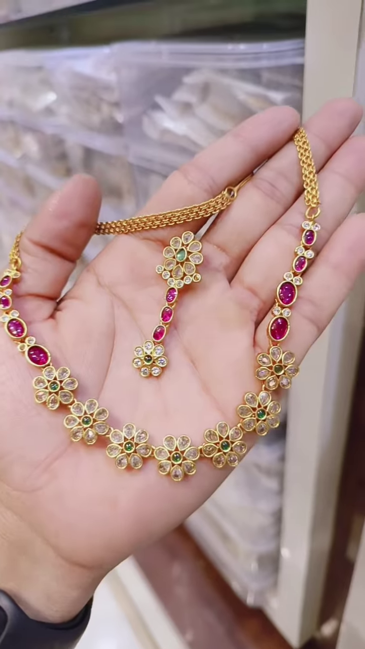Exquisite Gold-Plated Necklace Set with Polki, Ruby, and Emerald Accents – Traditional Indian Jewelry