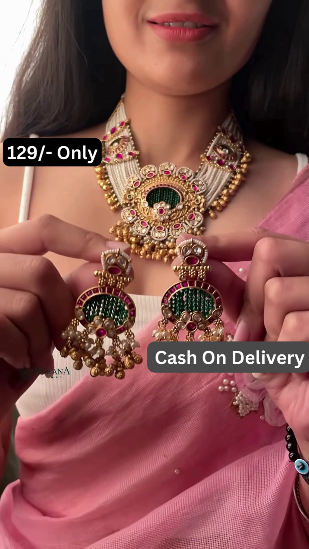 Intricate Gold-Toned Necklace and Earrings Set with Kundan and Gemstone Accents – Traditional Indian Jewelry