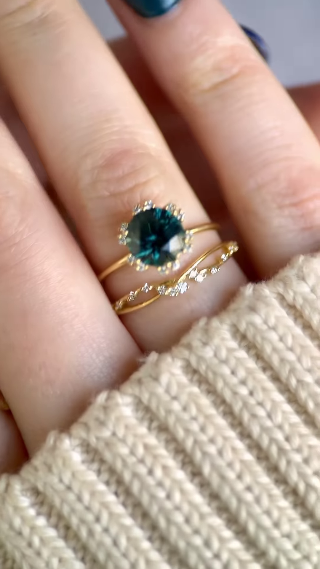 Elegant Gold-Plated Ring Set with Oval Teal Gemstone and Pave Band
