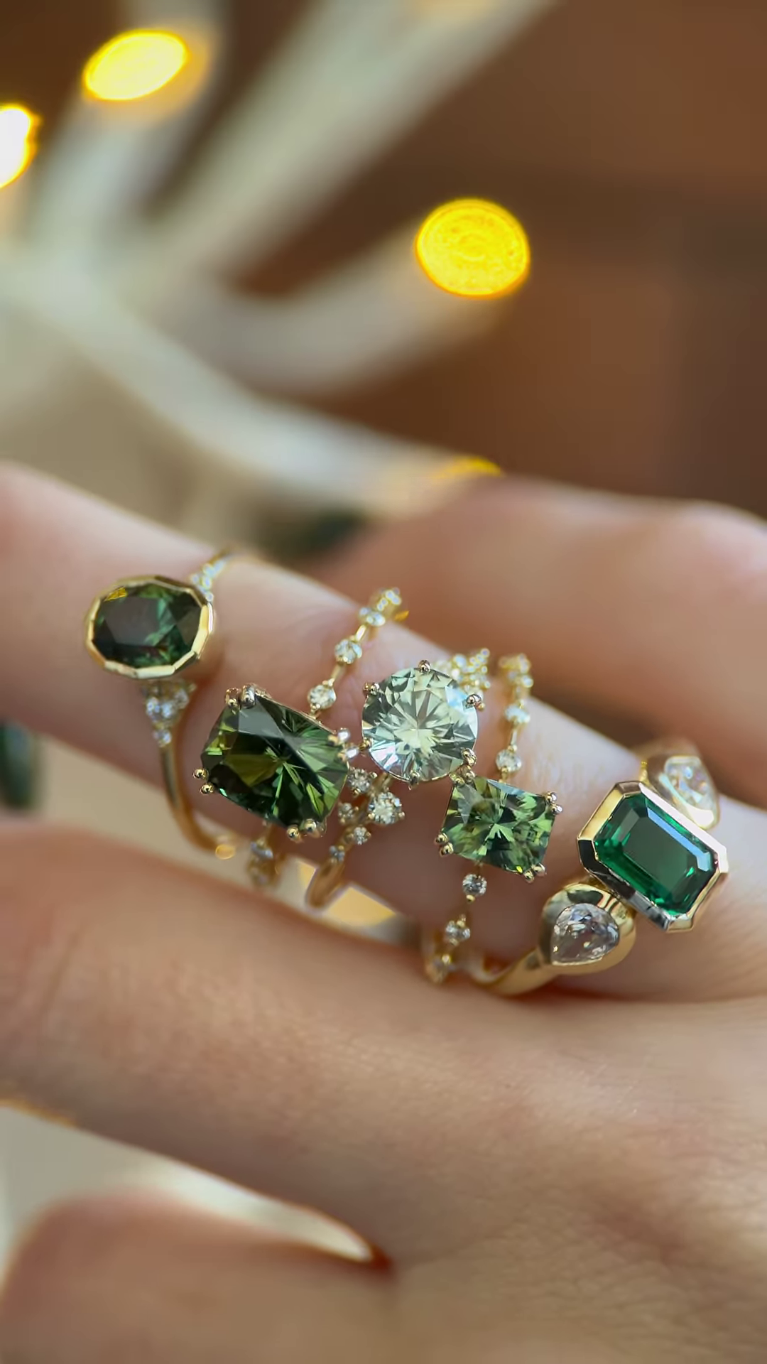 Elegant Stackable Gold Rings with Green Tourmaline, White Sapphire, and Diamond Accents