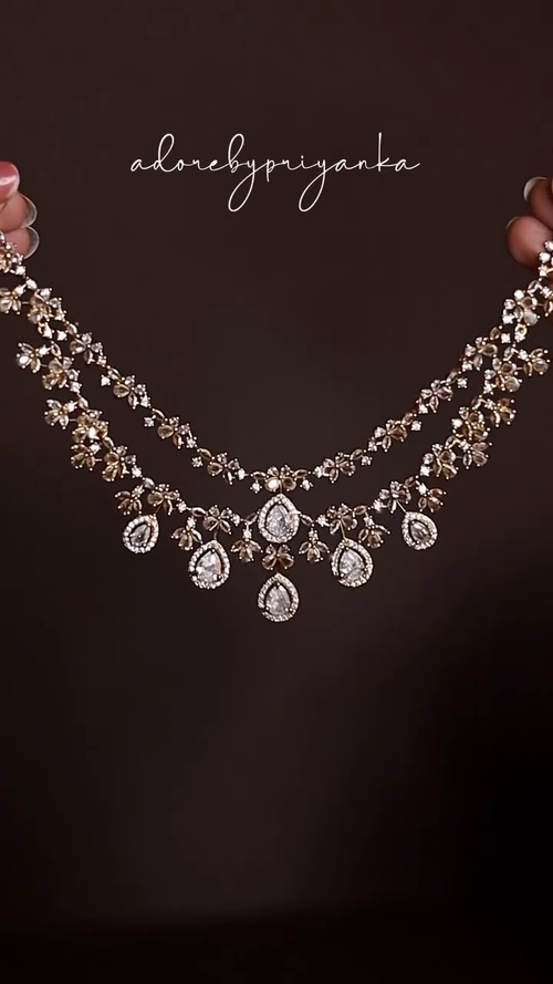 Dazzling Two-Layer Diamond Lookalike Necklace Set with Pear and Round Cubic Zirconia
