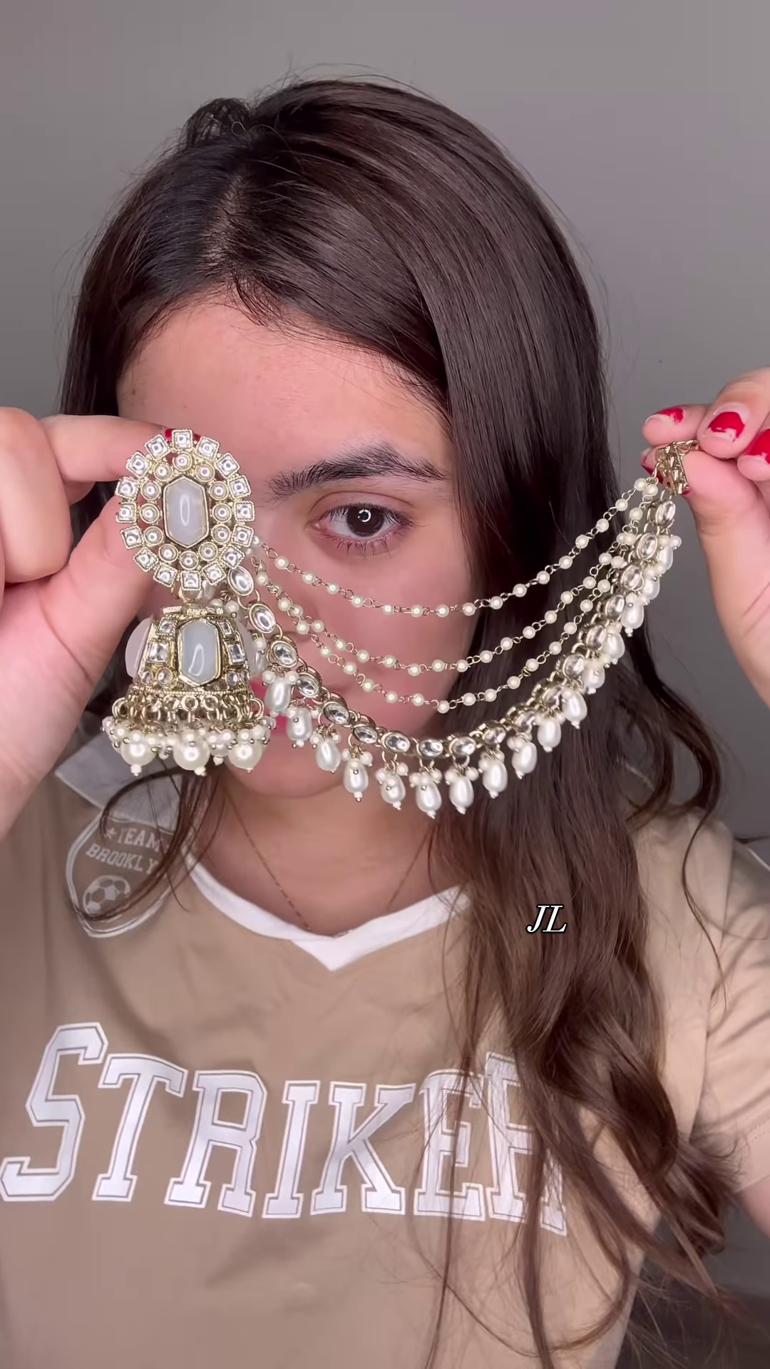 Elegant Gold-Toned Jhumka Earrings with Kundan, Colorful Beads, and Multi-Chain Pearl Earchain