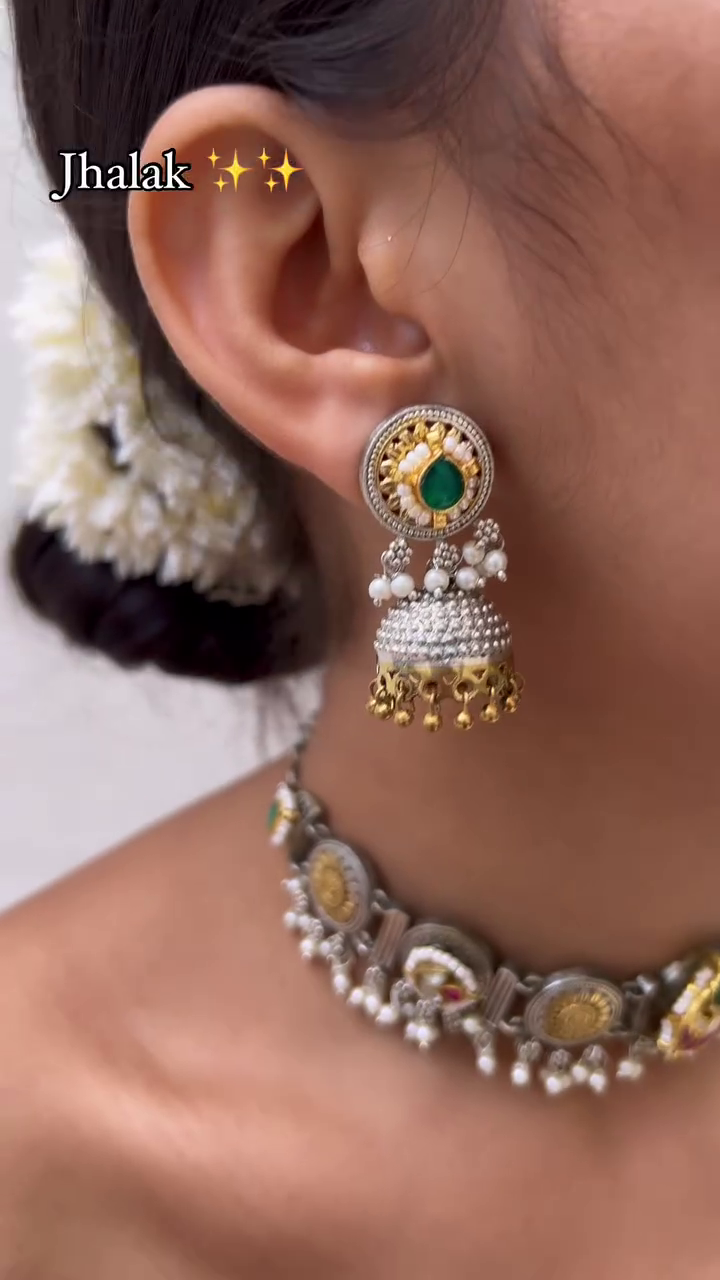 Aora Silver Look Alike Dual Tone Jhumka Earrings with Emerald and Pearls