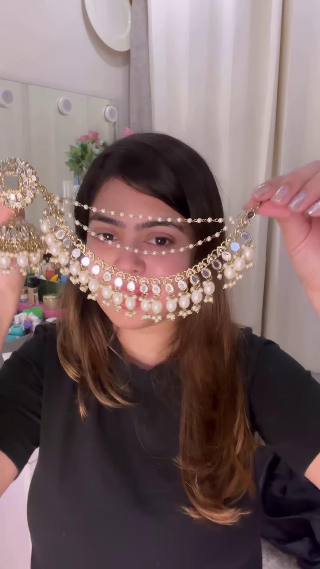 Elegant Gold-Toned Jhumka Earrings with Kundan and Multi-Strand Pearl Earchain