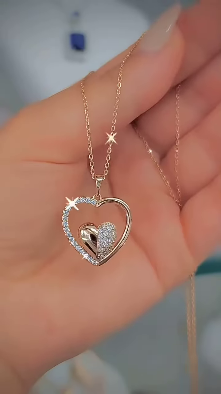 Elegant Rose Gold-Toned Double Heart Necklace with Sparkling Accents