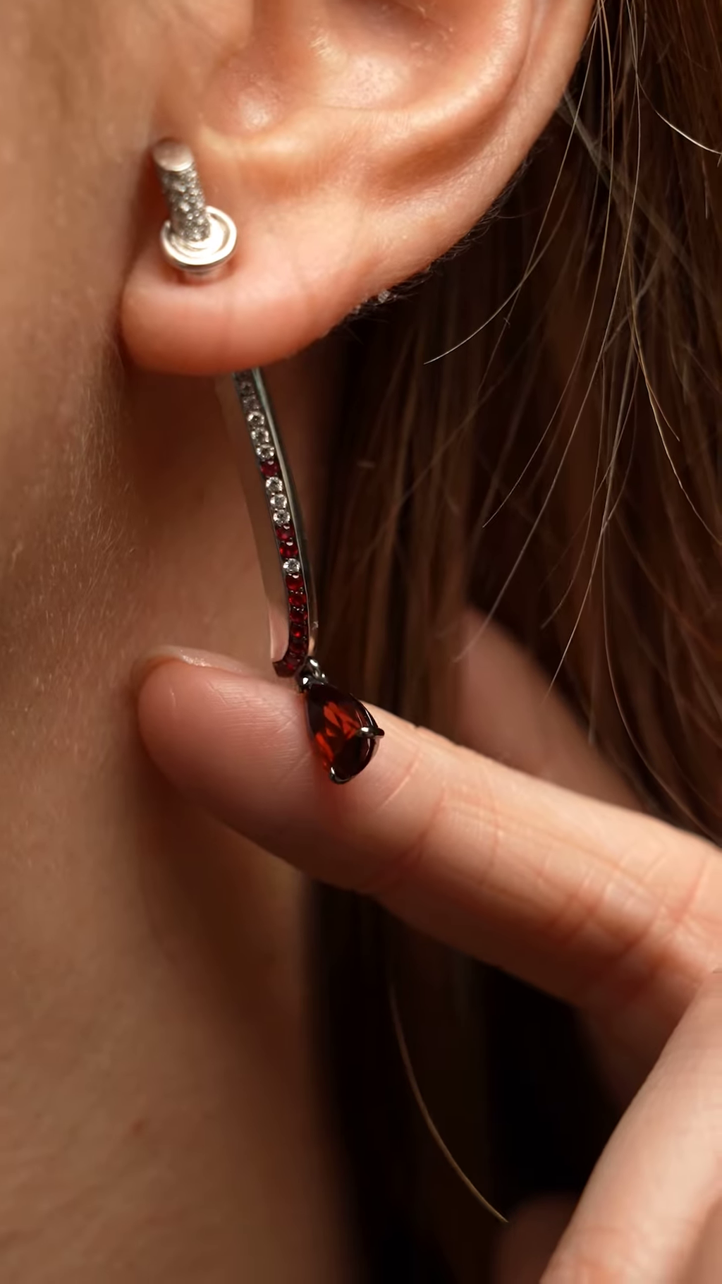 Modern Silver-Toned Linear Drop Earrings with Red Gemstone and Crystal Accents