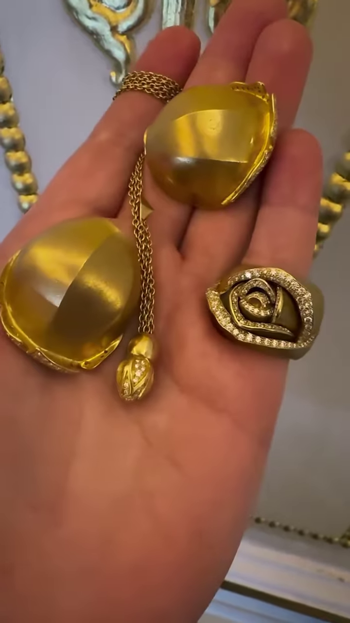 Bold Gold-Toned Sculptural Jewelry Set: Abstract Pendant Necklace and Statement Ring with Crystal Accents