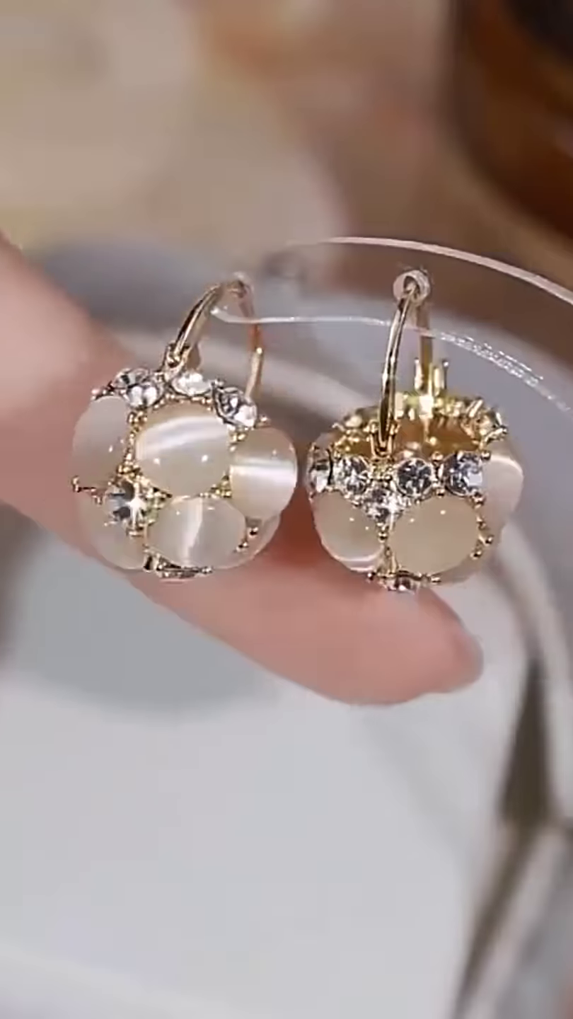 Elegant Gold-Toned Cat’s Eye Stone Ball Drop Earrings with Crystal Accents