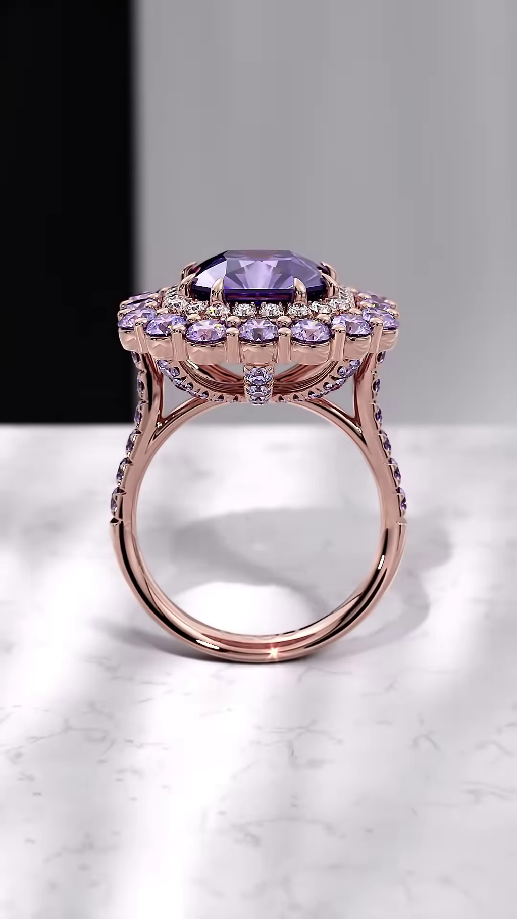 Luxurious Cushion-Cut Purple Sapphire Ring with Double Halo of Diamonds and Sapphires