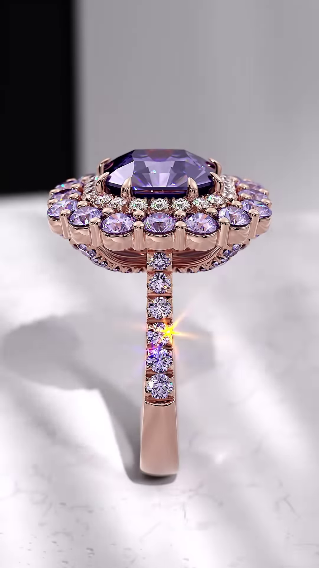 Luxurious Cushion-Cut Purple Sapphire Ring with Double Halo of Diamonds and Sapphires
