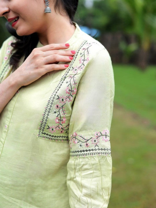 Floral Embroidered Mandarin Collar A-Line Kurti