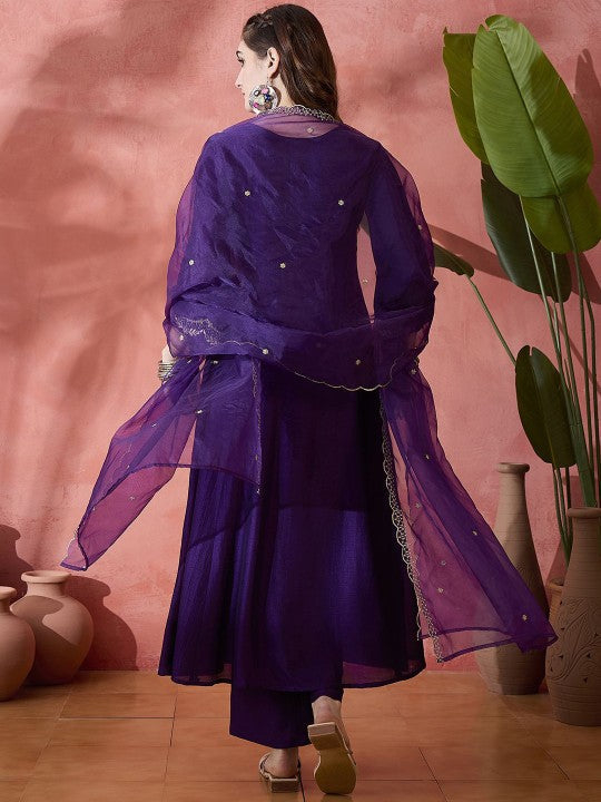 Floral Embroidered V-Neck A-Line Kurta With Trousers & Dupatta