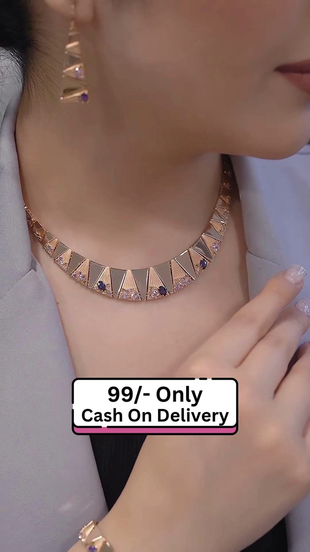 Rose Gold Plated Geometric Necklace & Earrings Set for Women – Stylish Blue Stone Jewelry for Parties & Formal Wear