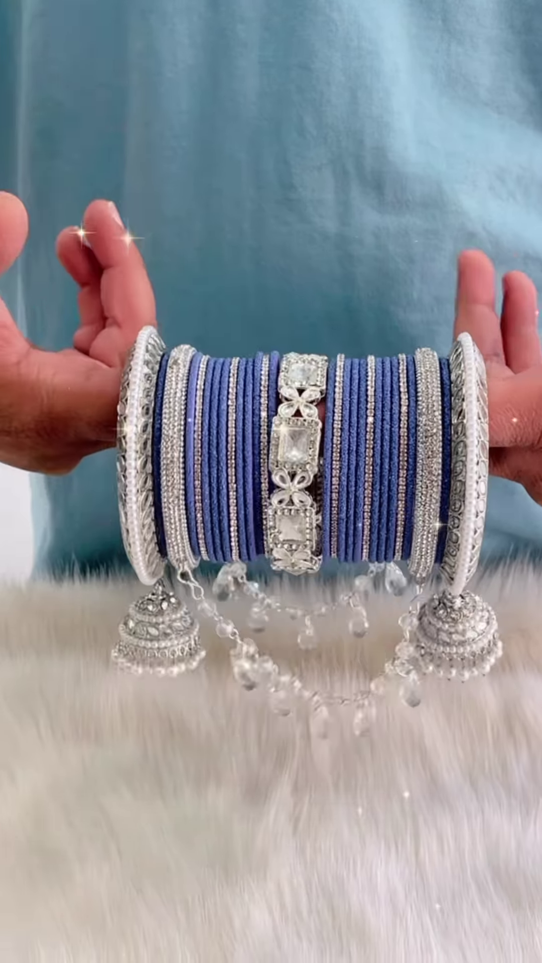 Traditional Navy Blue and Silver Bridal Bangle Set with Hanging Jhumkas