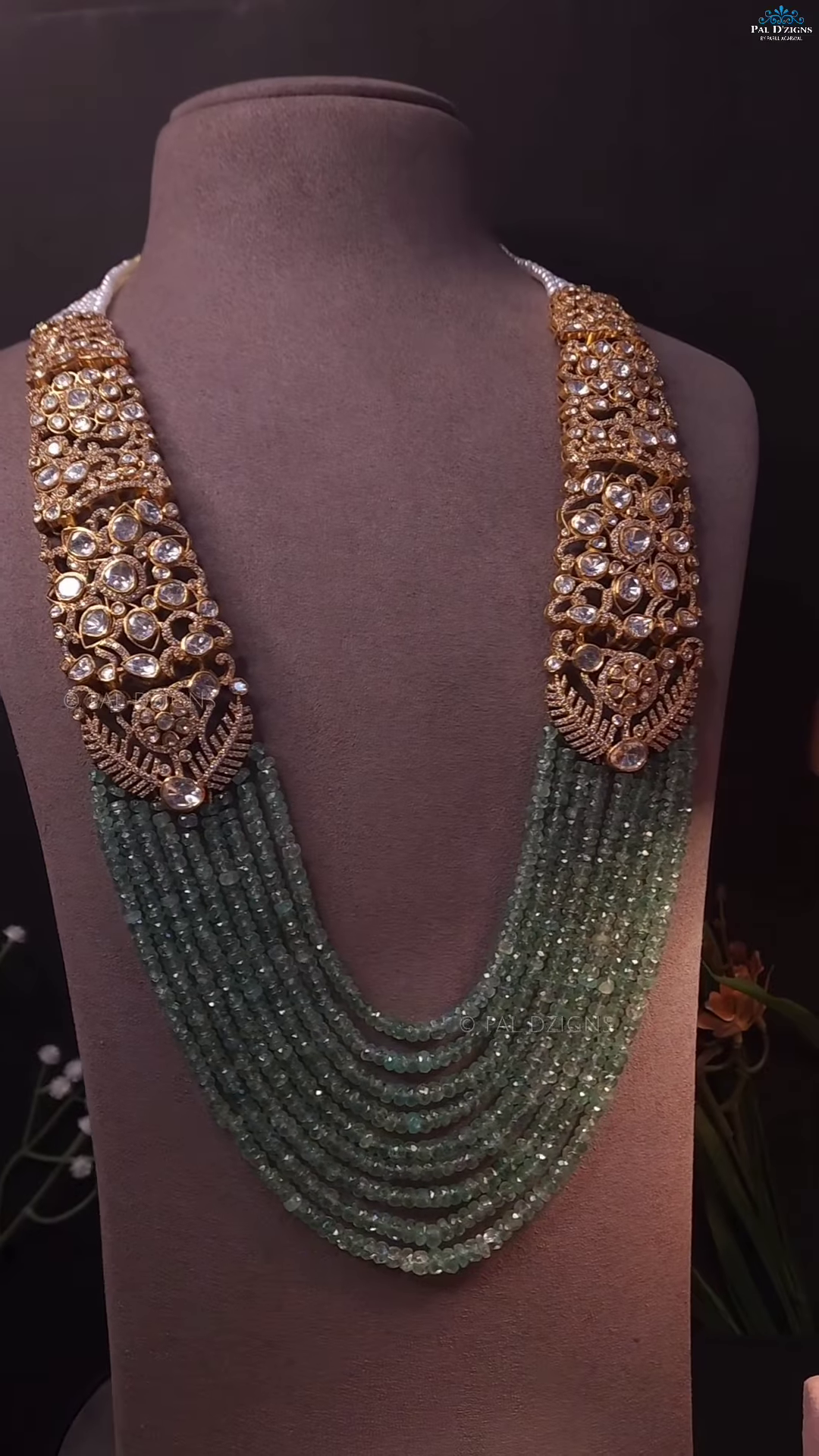 Multi-Strand Green Beaded Necklace with Square Polki-Style Accents