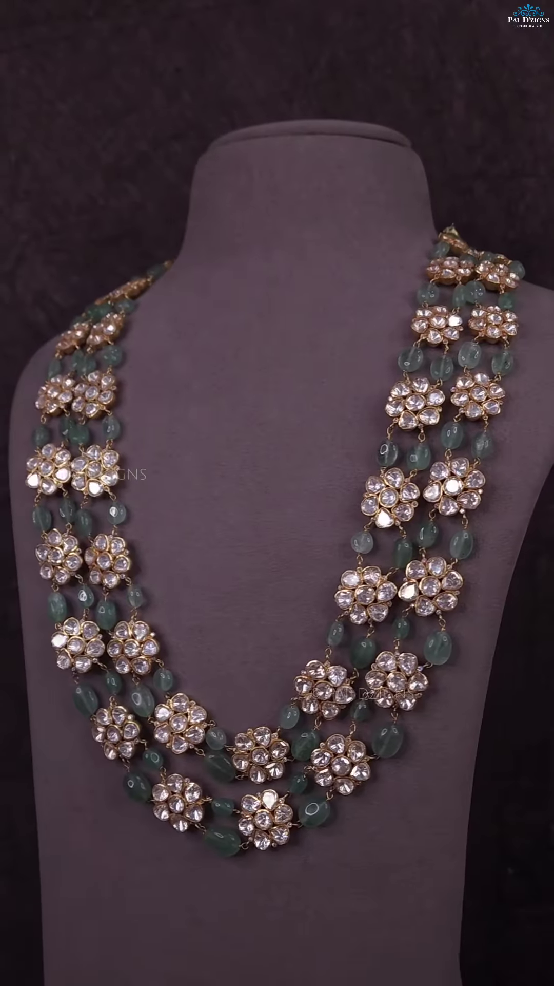 Multi-Strand Green Beaded Necklace with Square Polki-Style Accents