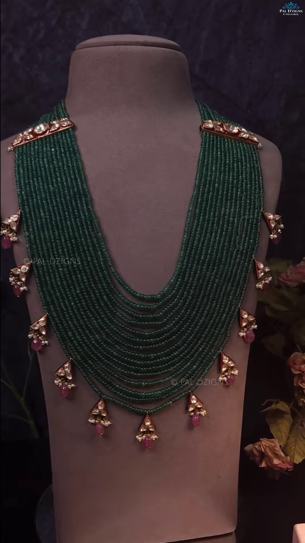 Multi-Strand Green Beaded Necklace with Square Polki-Style Accents
