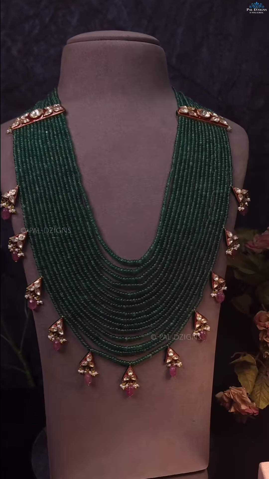 Multi-Strand Green Beaded Necklace with Square Polki-Style Accents