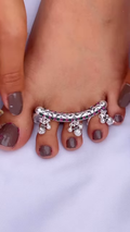 Elegant Silver-Toned Toe Ring with Colorful Gemstone Accents and Dangle Bells