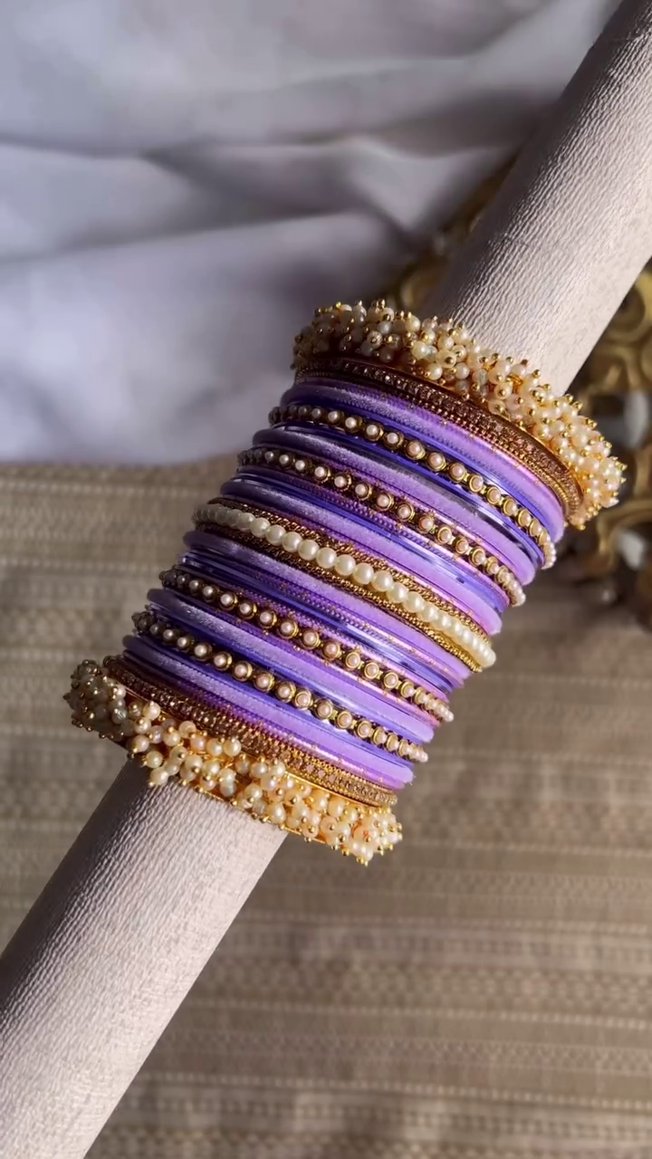 Vibrant Lilac and Gold-Toned Bangle Set with Pearl Accents and Studded Details