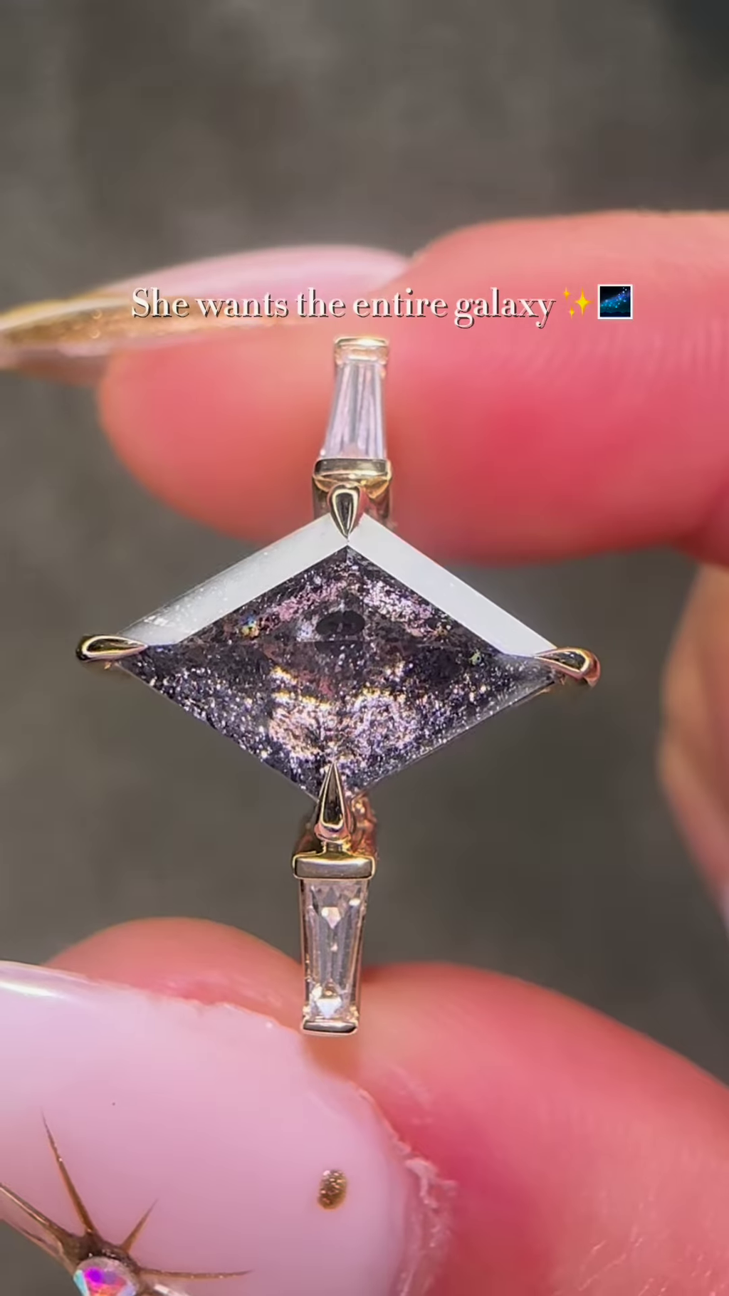 Artisan Gold-Toned Kite-Cut Salt & Pepper Diamond Ring with Baguette Accents