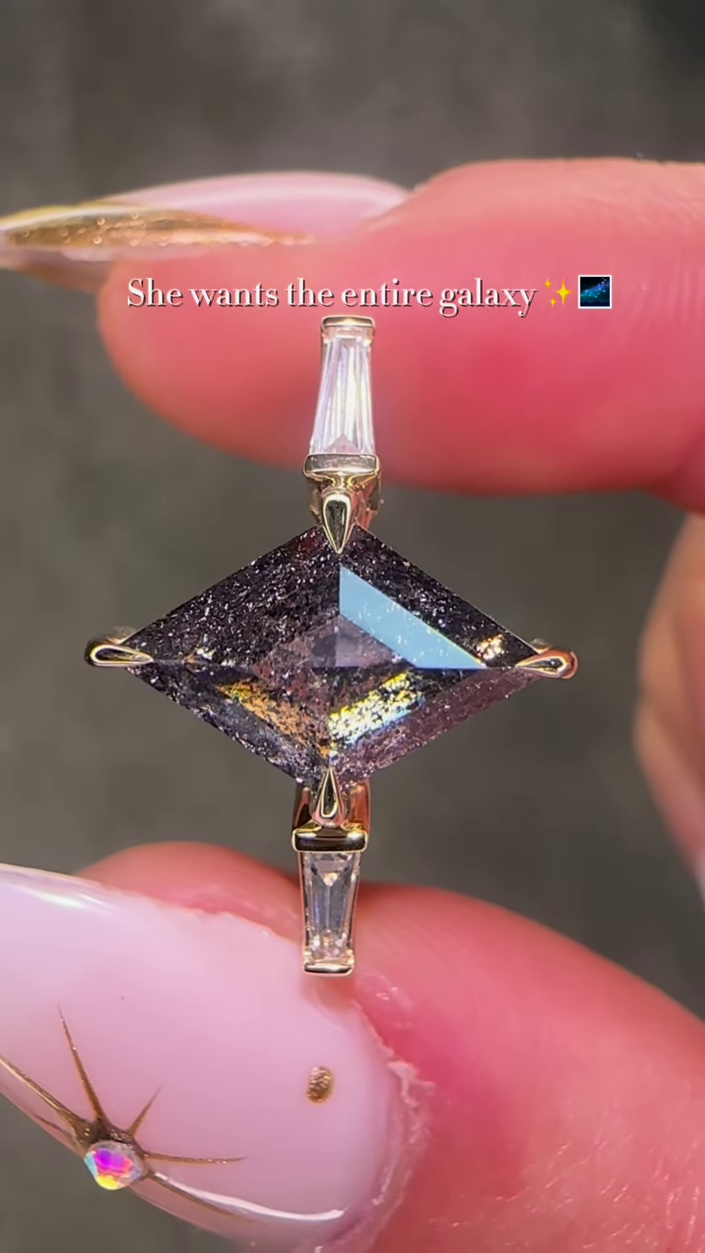 Artisan Gold-Toned Kite-Cut Salt & Pepper Diamond Ring with Baguette Accents