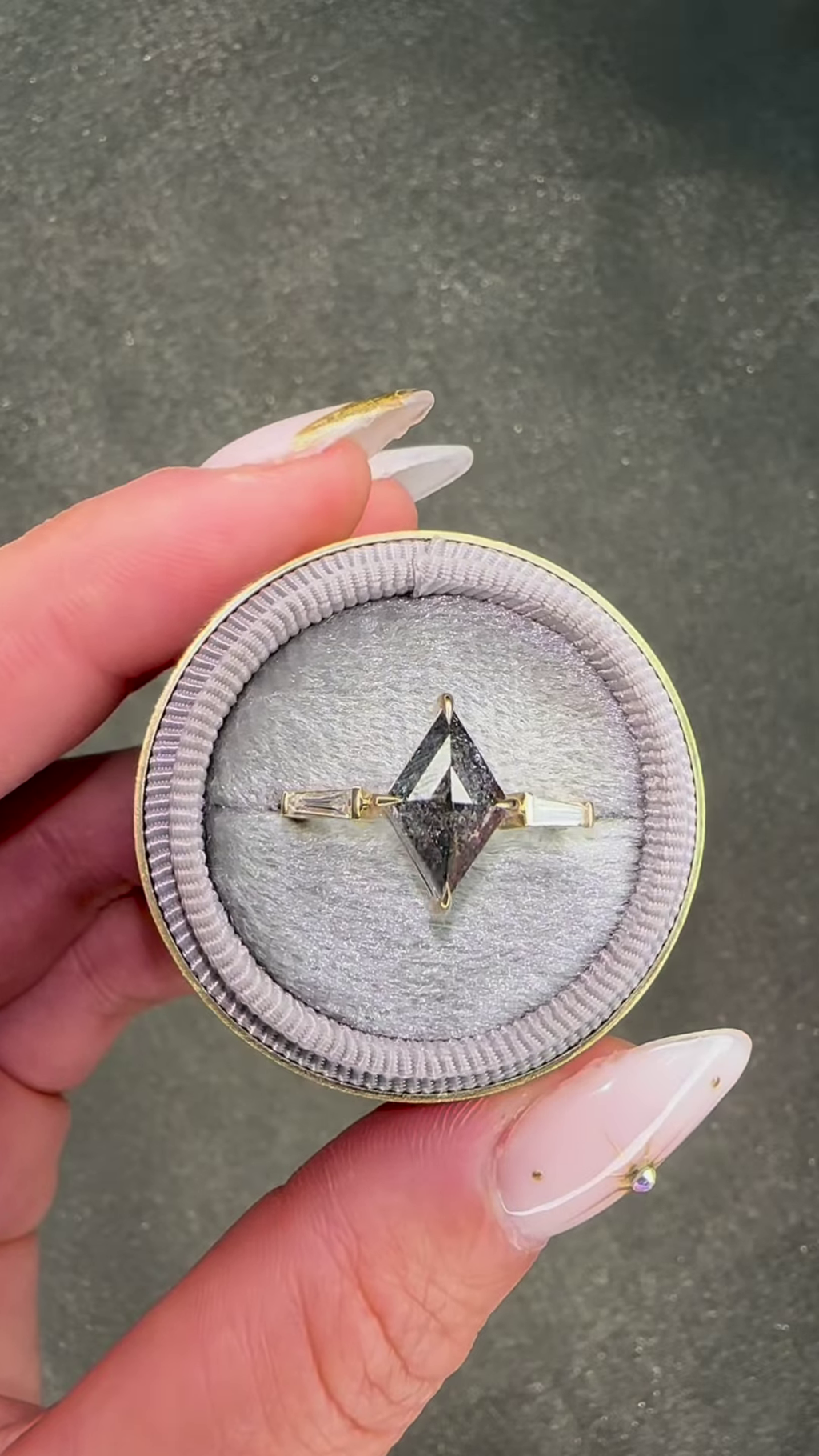 Artisan Gold-Toned Kite-Cut Salt & Pepper Diamond Ring with Baguette Accents