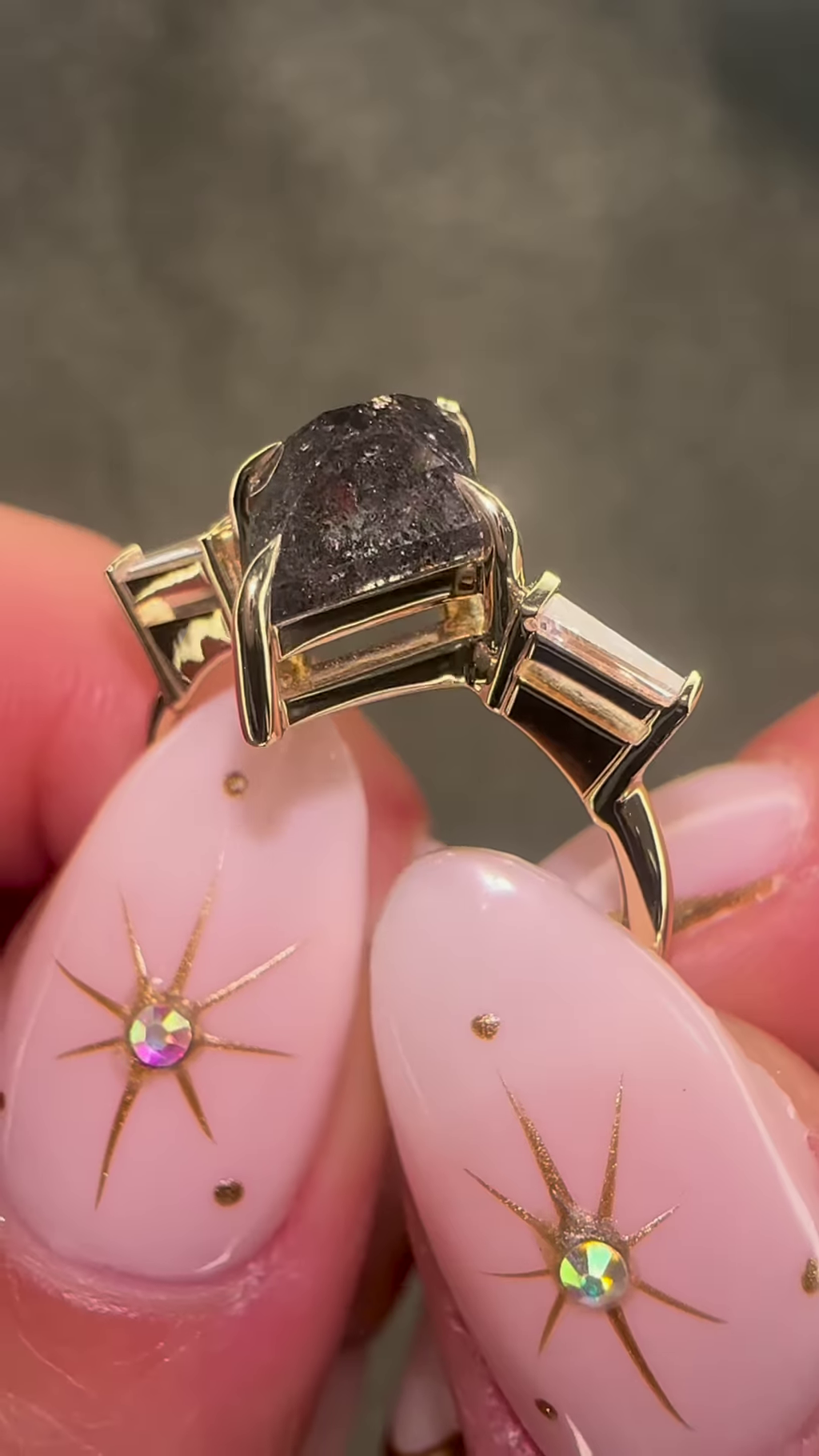 Artisan Gold-Toned Kite-Cut Salt & Pepper Diamond Ring with Baguette Accents