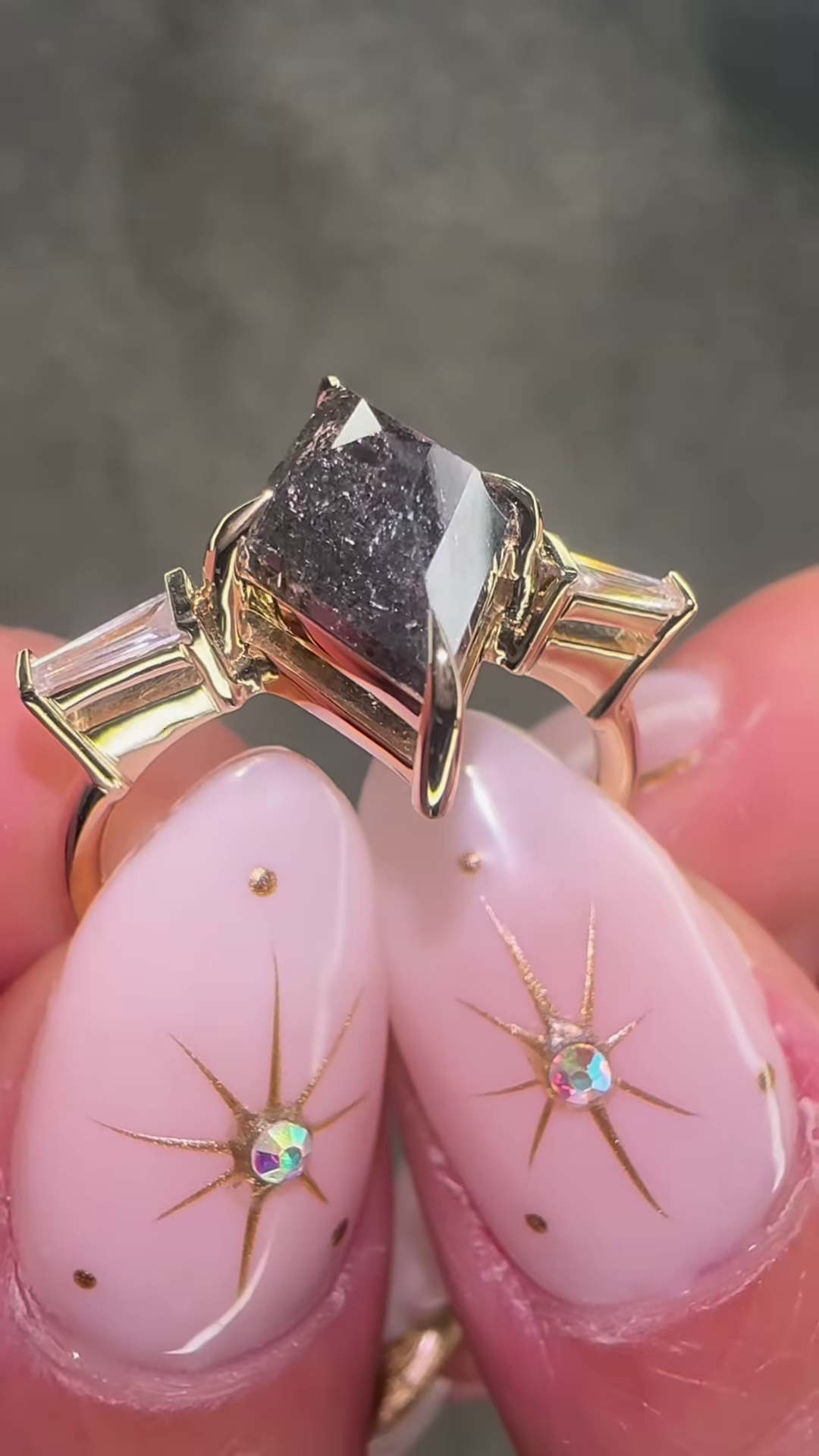 Artisan Gold-Toned Kite-Cut Salt & Pepper Diamond Ring with Baguette Accents