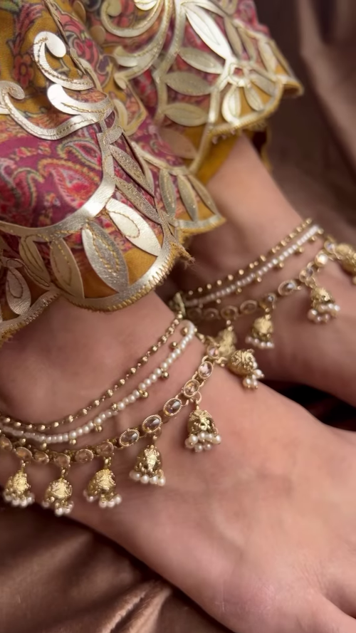 Elegant Gold-Toned Anklets with Pearl Accents and Dangle Bells
