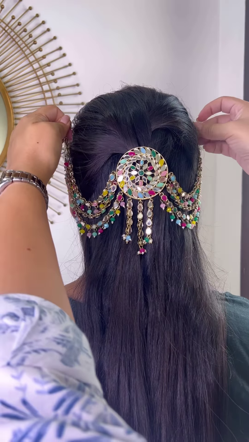 Exquisite Oxidized Silver-Toned Hair Chain with Bell Dangles and Sparkling Gemstones