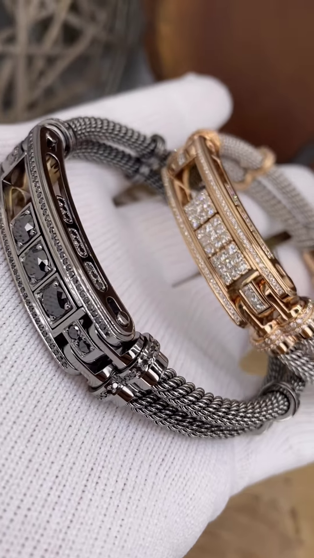 Luxurious Two-Tone Cable Bracelets with Diamond Accents and Distinctive Metalwork