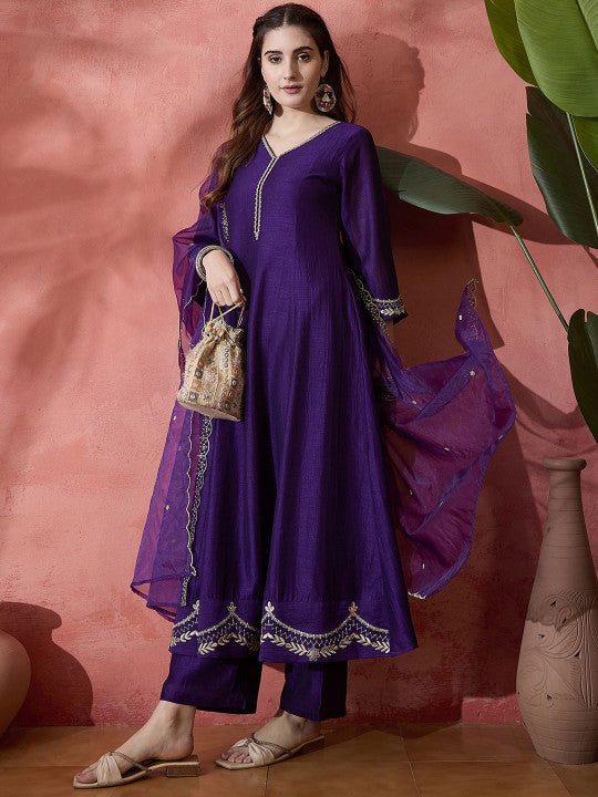 Floral Embroidered V-Neck A-Line Kurta With Trousers & Dupatta