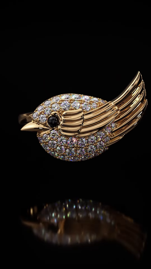 Art Deco Inspired Gold-Toned Bird Ring with Teal Pavé Setting and Gemstone Eye