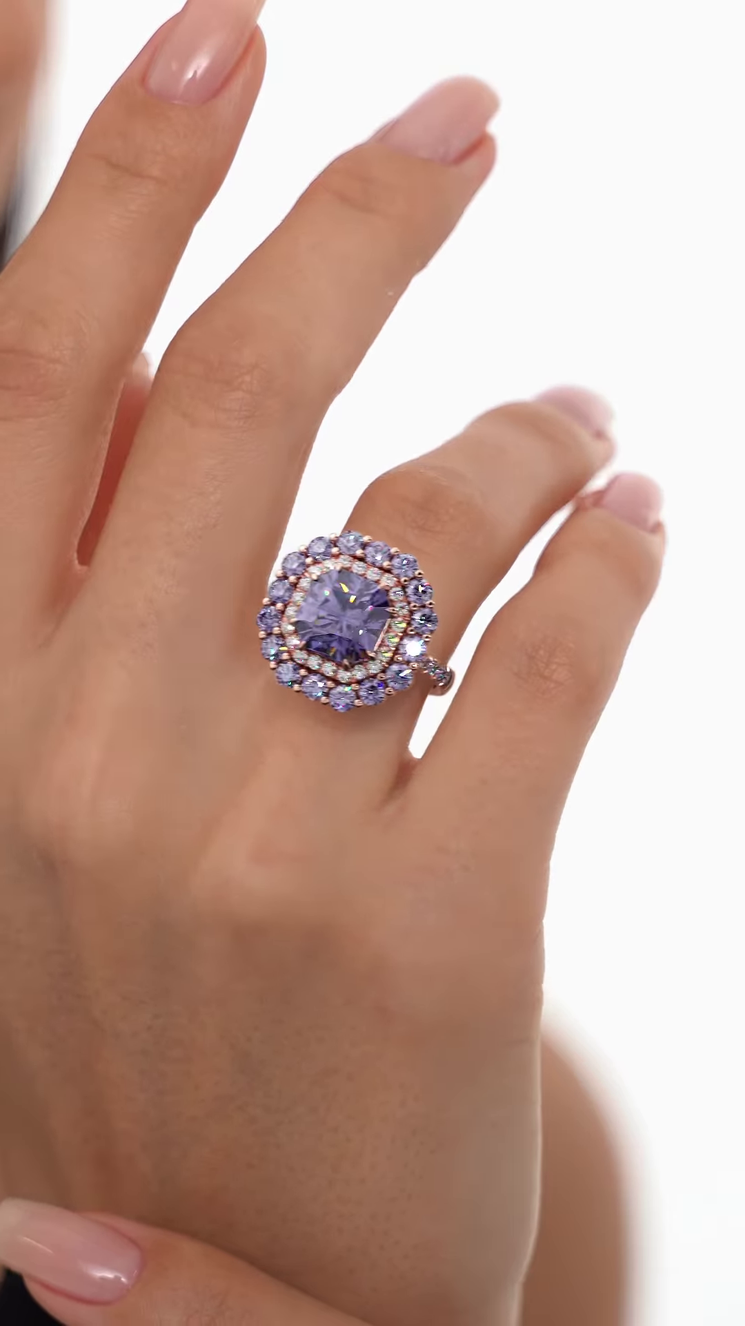 Luxurious Rose Gold-Toned Ring with Oval Purple Center Gemstone and Double Halo