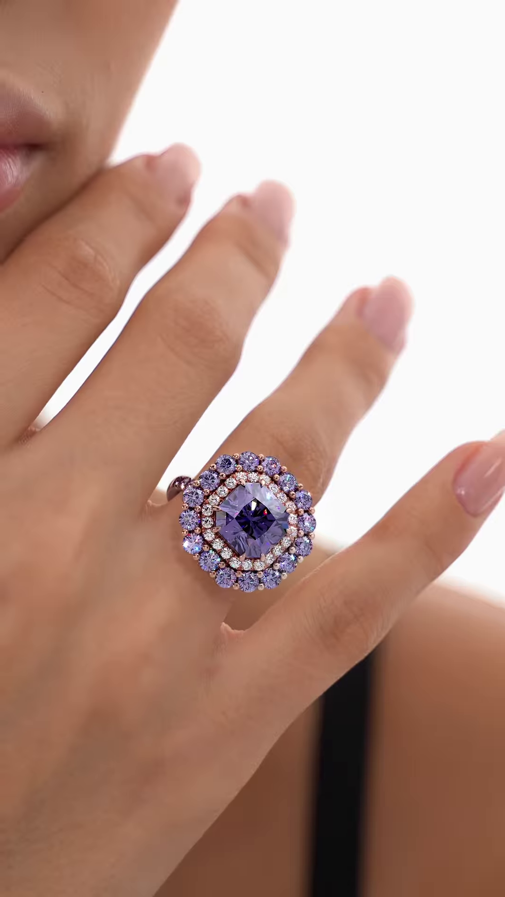Luxurious Rose Gold-Toned Ring with Oval Purple Center Gemstone and Double Halo