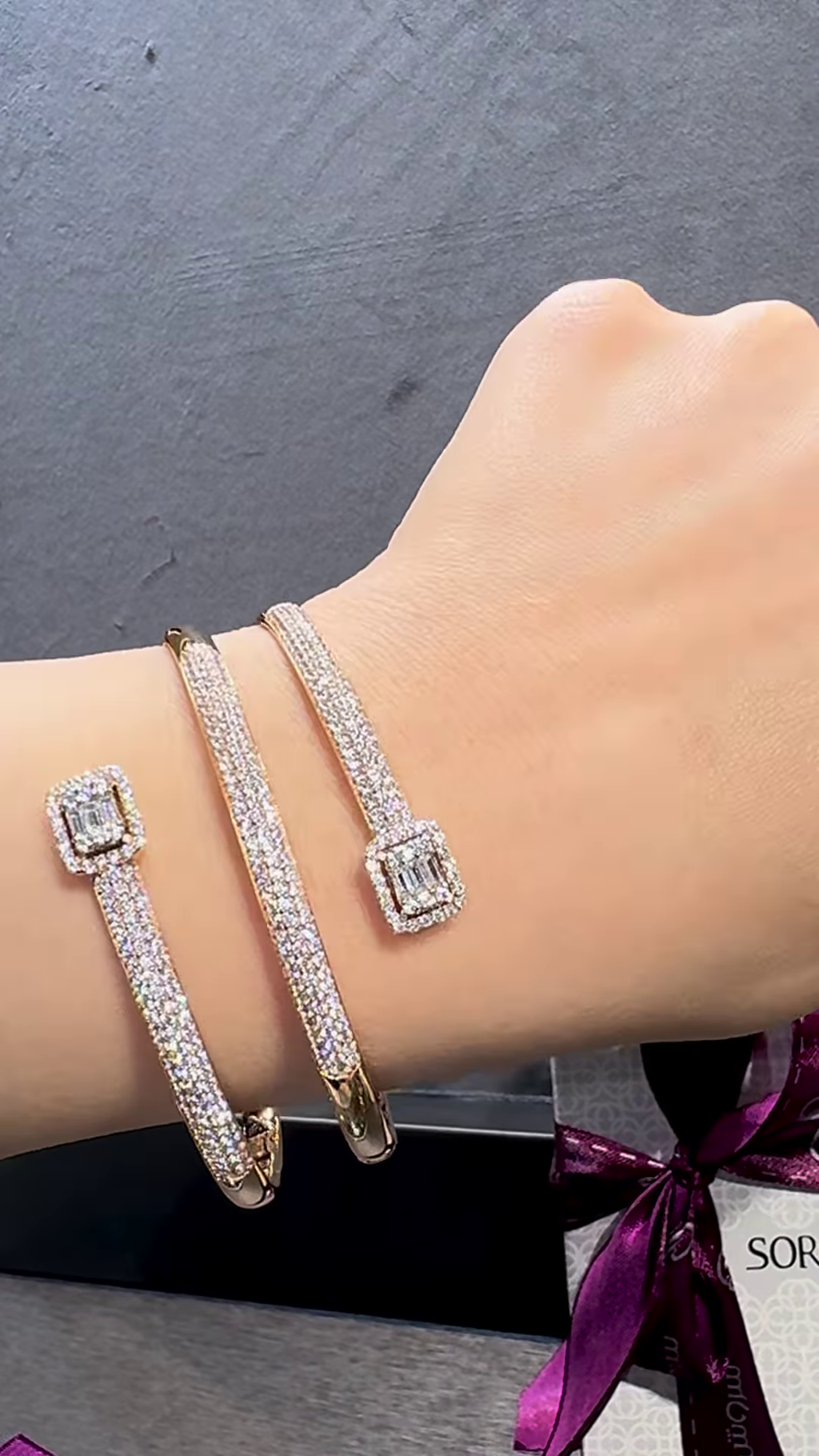 Dazzling Rose Gold-Toned Dual-Bar Bracelet with Pavé Embellishments and Rectangular Gemstones