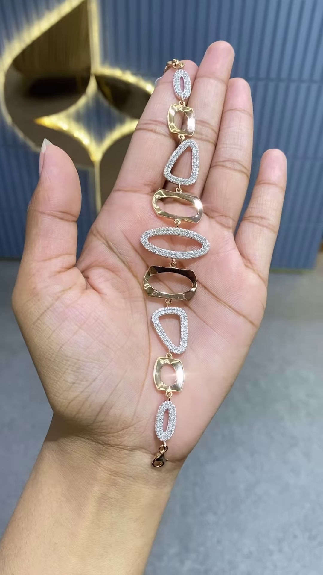 Modern Rose Gold-Toned Bracelet with Geometric Links and Pavé Embellishments
