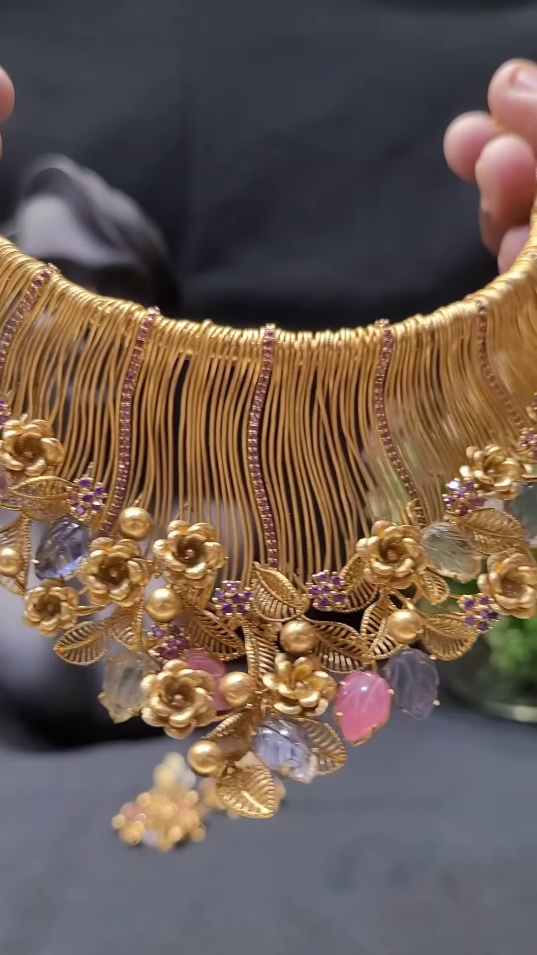 Ornate Gold-Toned Statement Necklace with Multi-Colored Gemstones and Floral Accents