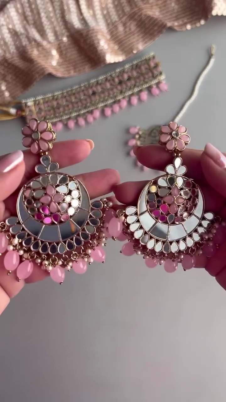 Elegant Silver-Toned Choker Jewelry Set with Pink Beaded Drops and Matching Maang Tikka & Earrings