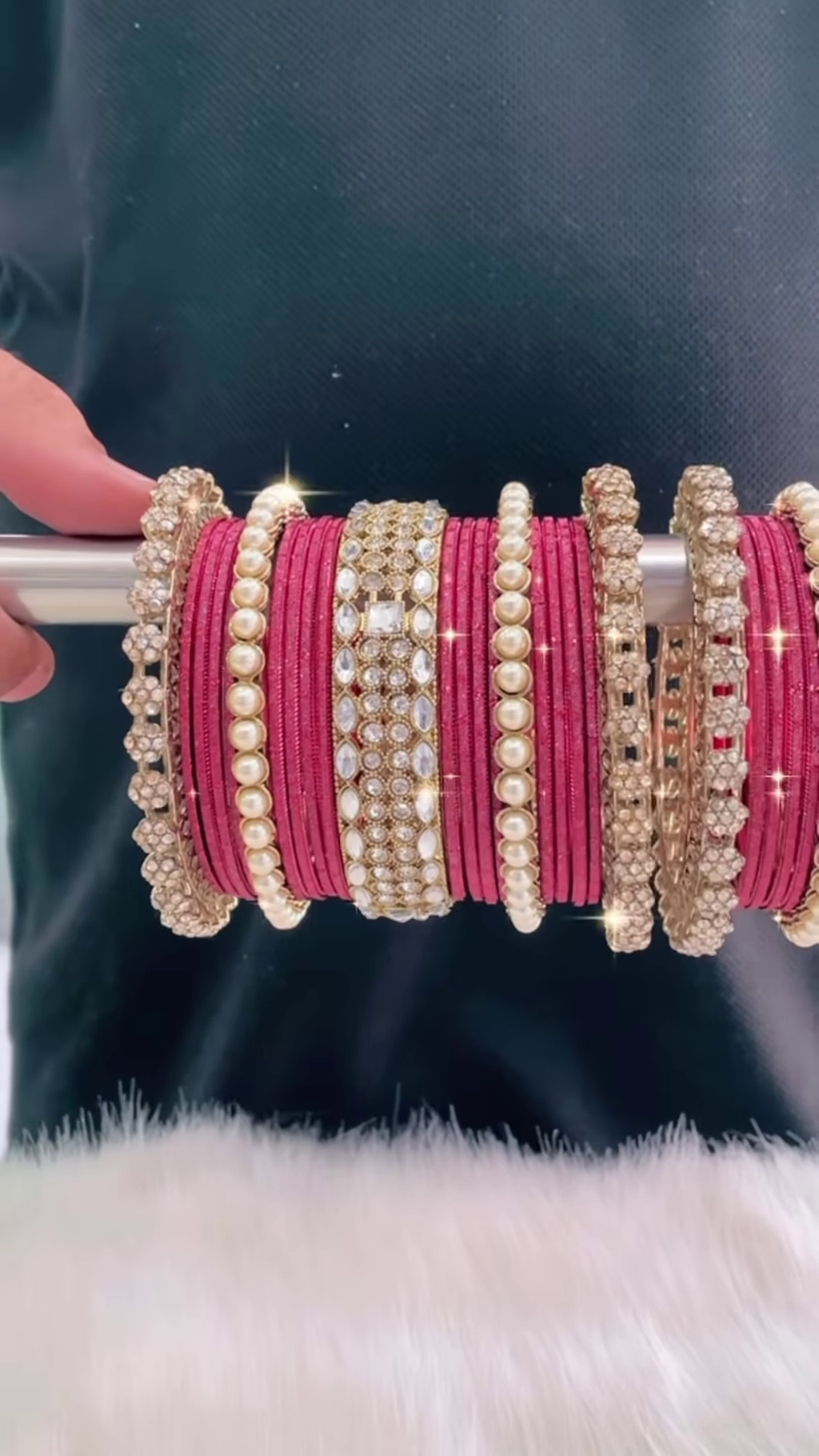 Opulent Maroon and Gold-Toned Bangle Set with Pearl and Crystal Embellishments