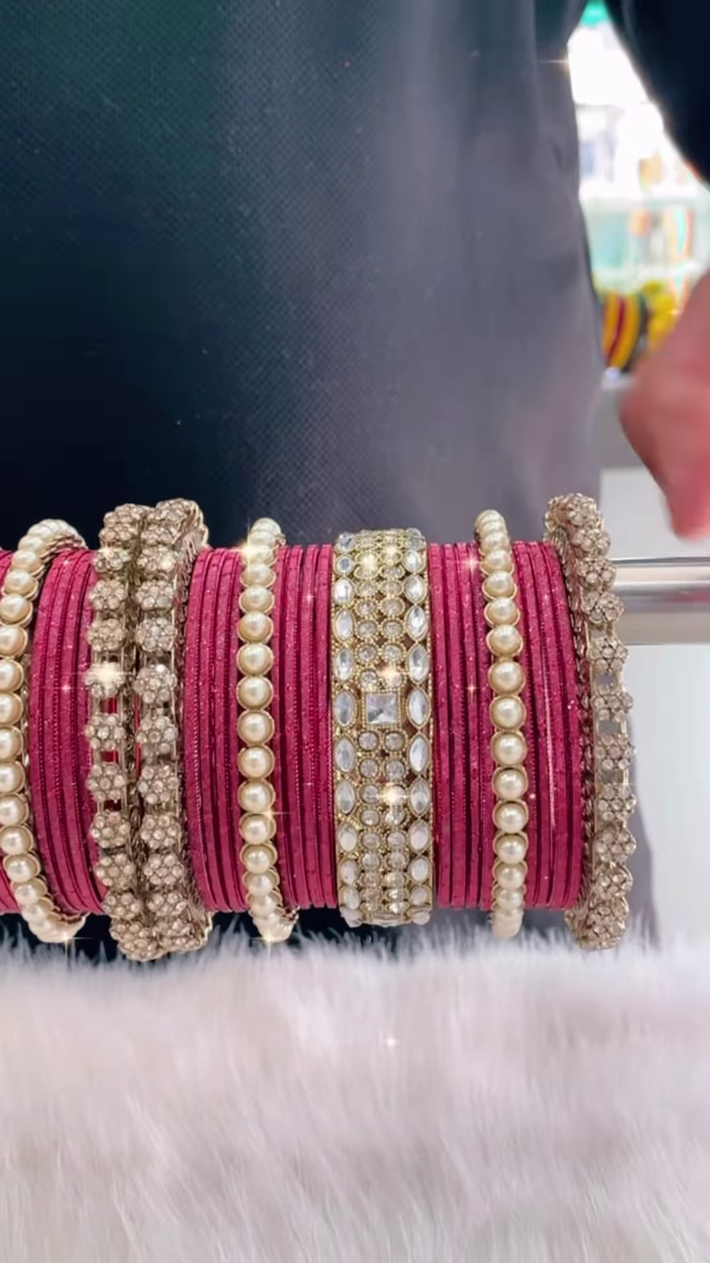Opulent Maroon and Gold-Toned Bangle Set with Pearl and Crystal Embellishments