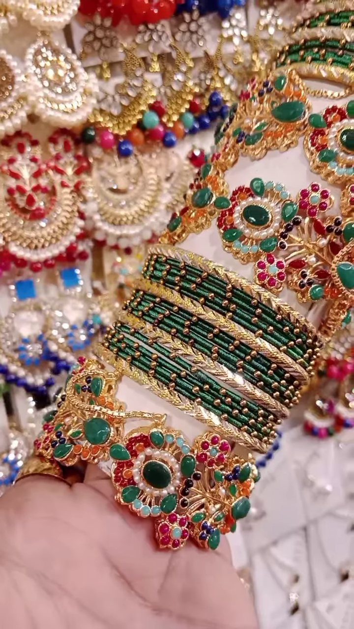 Vibrant Green and Gold-Toned Bangle and Earring Set with Intricate Gemstone Embellishments