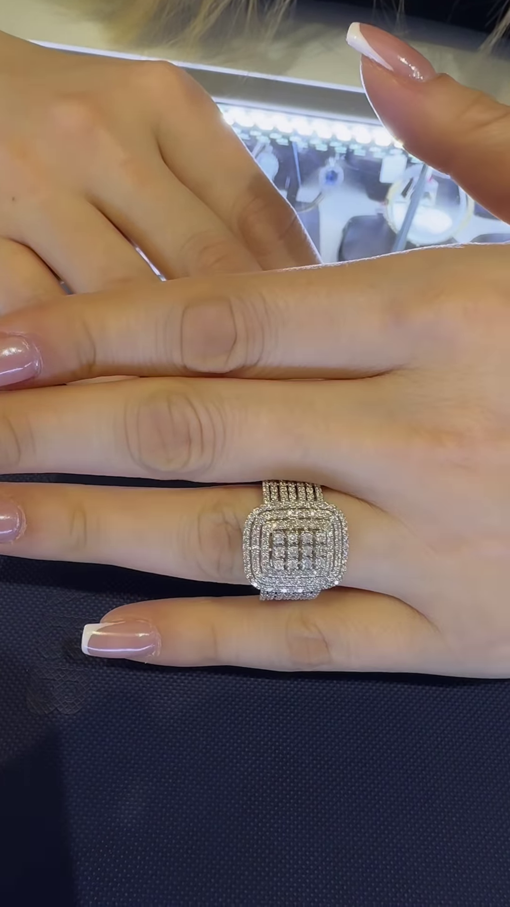 Dazzling Silver-Toned Statement Ring with Multi-Square Pavé Clear Gemstone Design