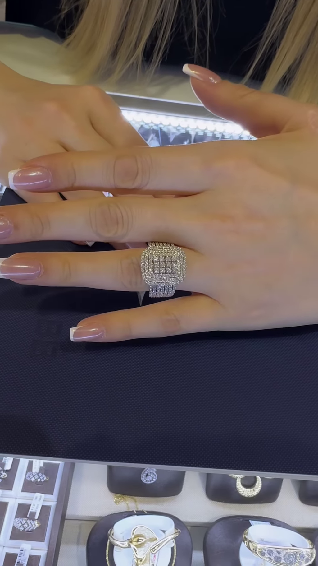 Dazzling Silver-Toned Statement Ring with Multi-Square Pavé Clear Gemstone Design