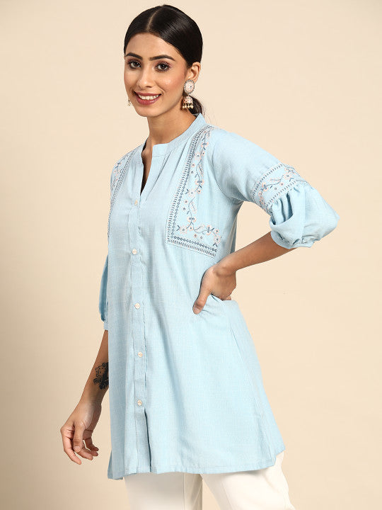 Blue Embroidered Detail A-Line Top